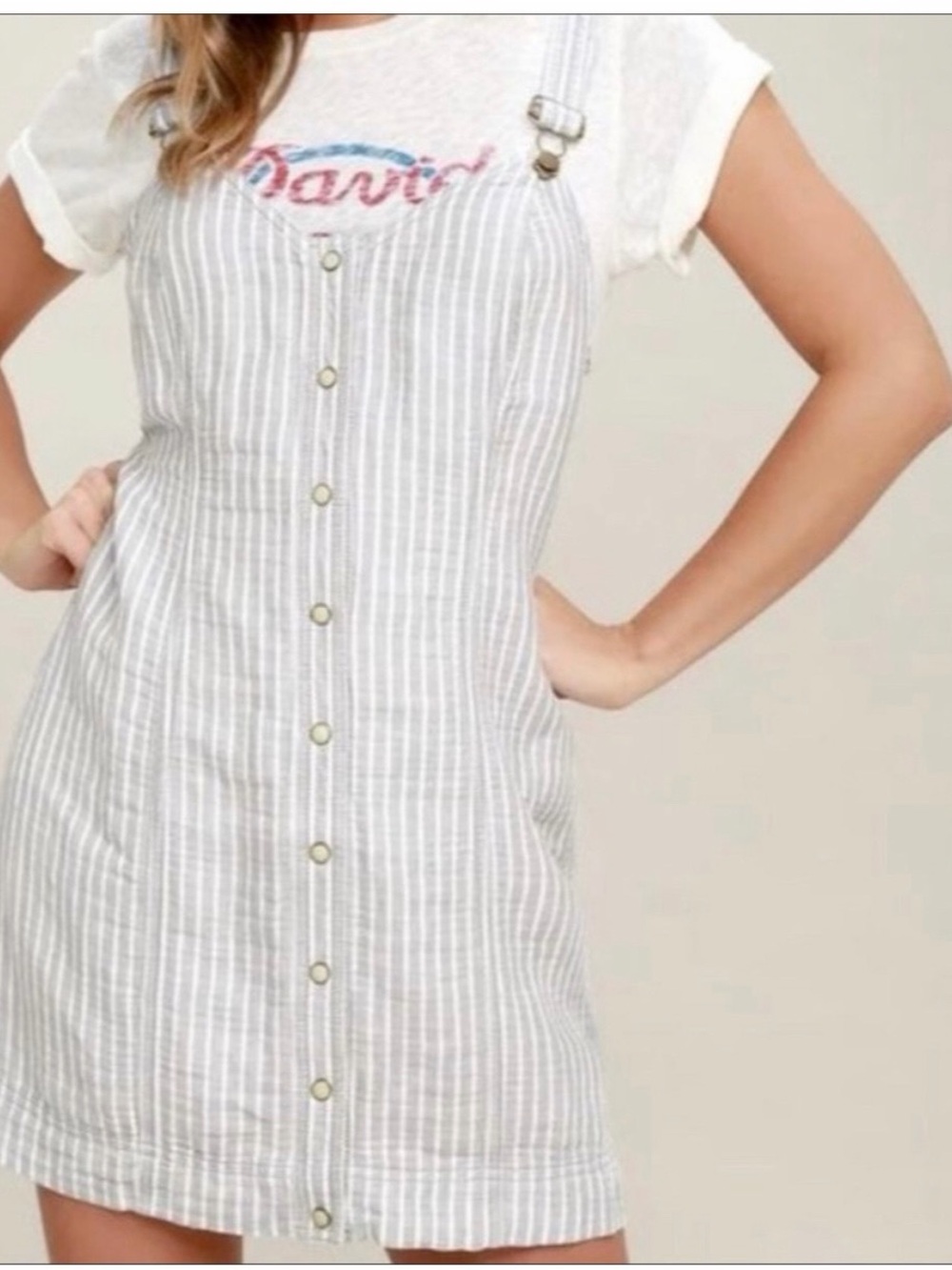 Free PeopleStriped Button-Front Linen Blend Pinafore Dress in Light Gray & White